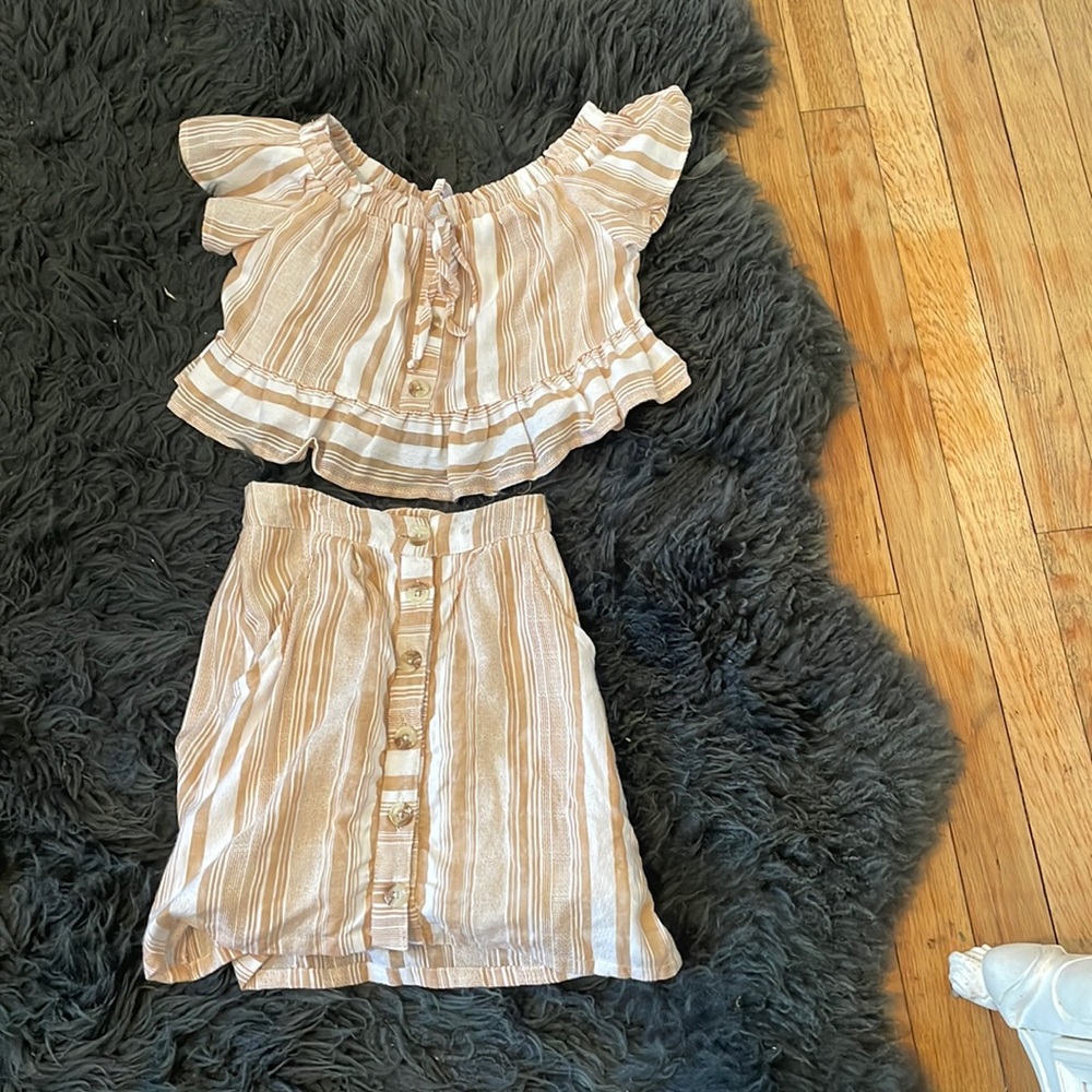 Light brown and white striped colored shirt and skirt set.
